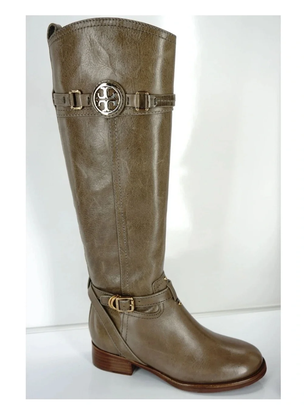 Tory Burch Calista Taupe Gold Leather Logo Belt Knee Riding Boots Size 6 $495